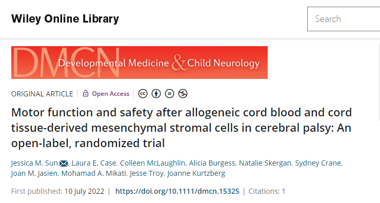 美國杜克大學：臍帶血和臍帶間充質干細胞治療腦癱后的運動功能和安全性研究