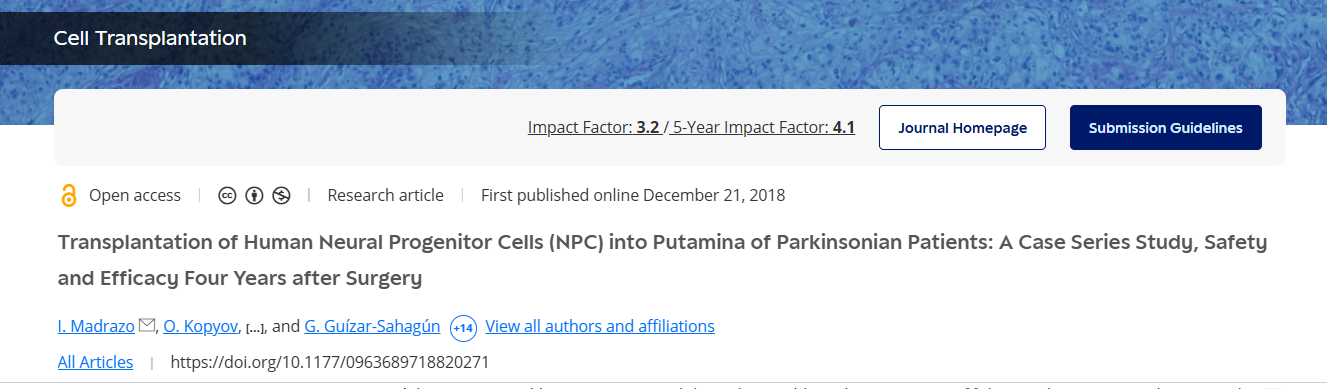 將人類神經祖細胞 (NPC) 移植到帕金森病患者的殼核中：病例系列研究、手術四年后的安全性和有效性