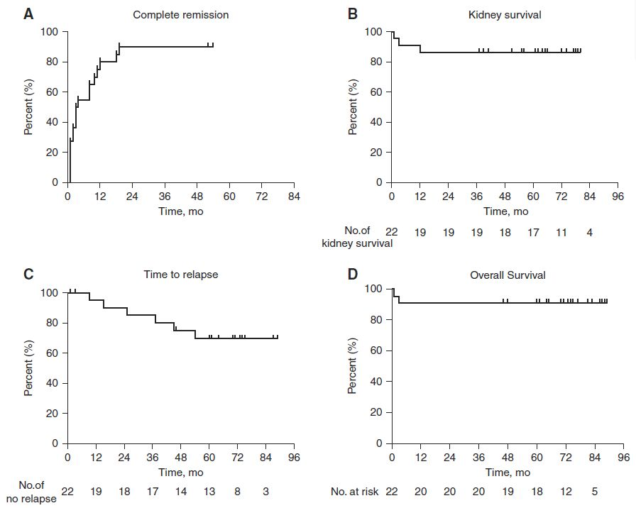 圖3:隊(duì)列中患者的完全緩解概率、腎臟存活率、復(fù)發(fā)時(shí)間和總體存活率。 圖4:隊(duì)列中患者的完全緩解概率、腎臟存活率、復(fù)發(fā)時(shí)間和總體存活率。