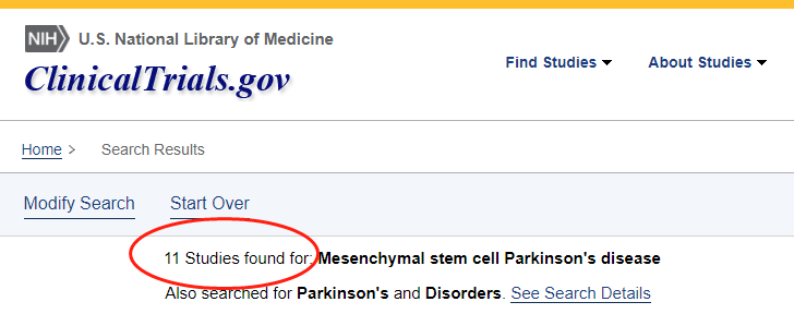 clinicaltrials.gov網站上注冊的有關間充質干細胞治療帕金森病的臨床研究項目有11項。