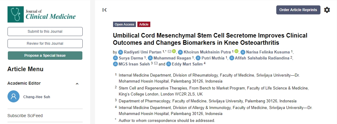 干細胞移植治療可改善膝骨關節炎的臨床療效并改變生物標志物