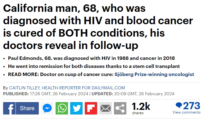 加州男子在干細胞移植后“治愈”了癌癥和艾滋病毒，康復情況令人驚嘆