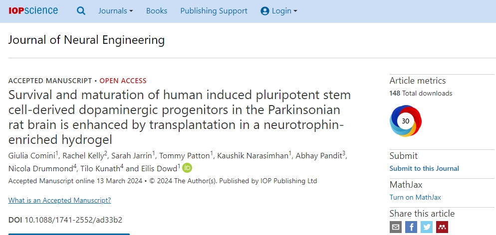 通過在富含神經營養素的水凝膠中移植人誘導的多能干細胞衍生的多巴胺能祖細胞，可以增強帕金森病大鼠腦中的存活和成熟。