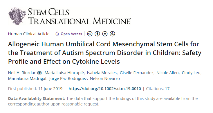 一項臍帶間充質干細胞治療兒童自閉癥的安全性和對細胞因子水平影響的研究論文。
