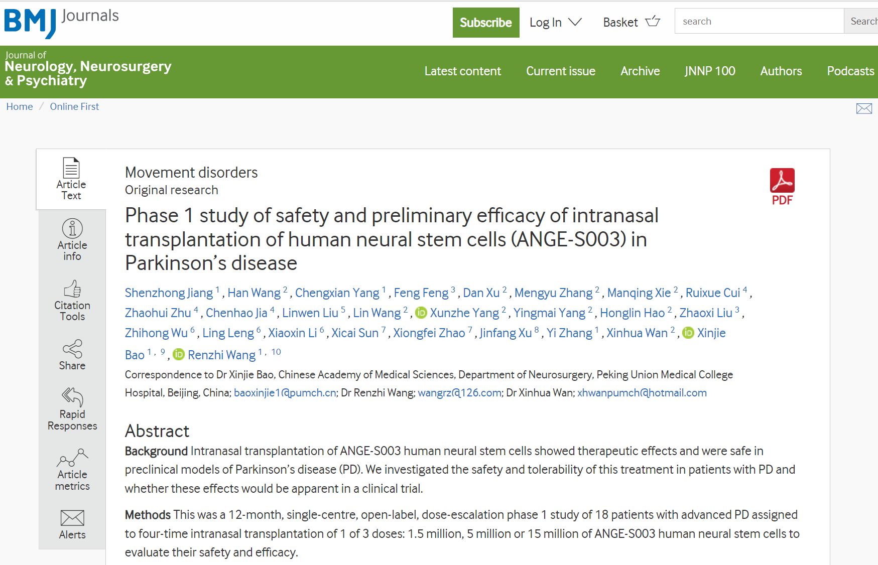 人類神經干細胞鼻腔內移植（ANGE-S003）治療帕金森病的安全性和初步療效的1期研究