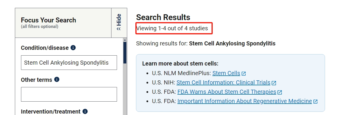 clinicaltrials.gov網(wǎng)站上注冊的有關(guān)干細(xì)胞治療強(qiáng)直性脊柱炎的臨床研究項(xiàng)目有4項(xiàng)。其中已完成的有1項(xiàng)。