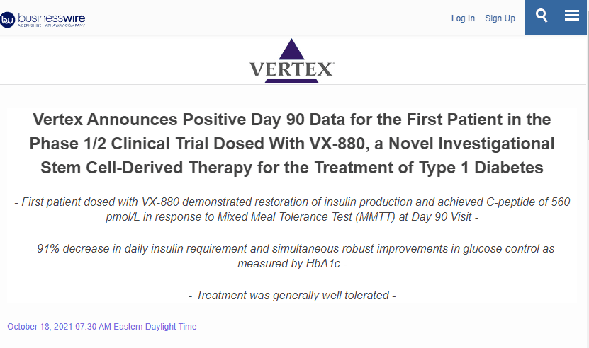 Vertex 宣布 1/2 期臨床試驗中首位接受 VX-880 治療的患者第 90 天的陽性數據，VX-880 是一種用于治療 1 型糖尿病的新型試驗性干細胞衍生療法