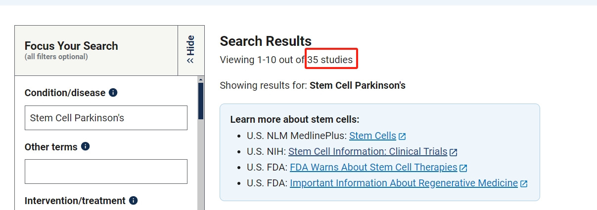 clinicaltrials.gov網(wǎng)站上注冊的有關(guān)干細胞治療帕金森的臨床研究項目有35項。其中已完成的有5項。