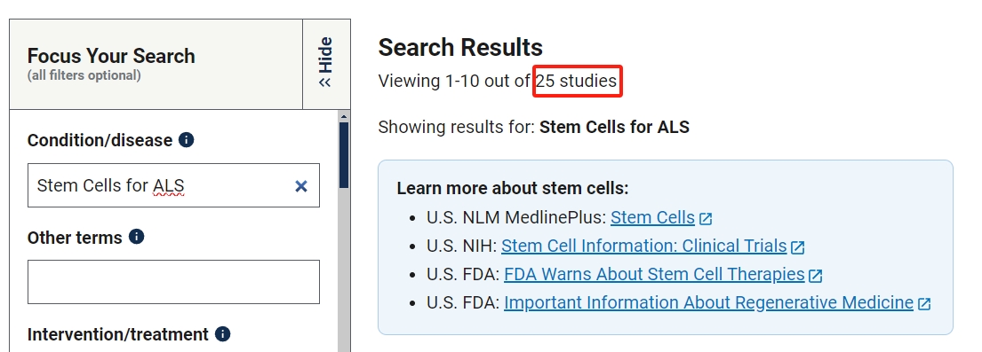 干細(xì)胞治療肌萎縮側(cè)索硬化癥的臨床研究項(xiàng)目有25項(xiàng)。其中已完成的有8項(xiàng)。