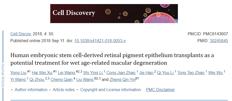 人類(lèi)胚胎干細(xì)胞來(lái)源的視網(wǎng)膜色素上皮移植作為濕性年齡相關(guān)性黃斑變性的潛在治療方法