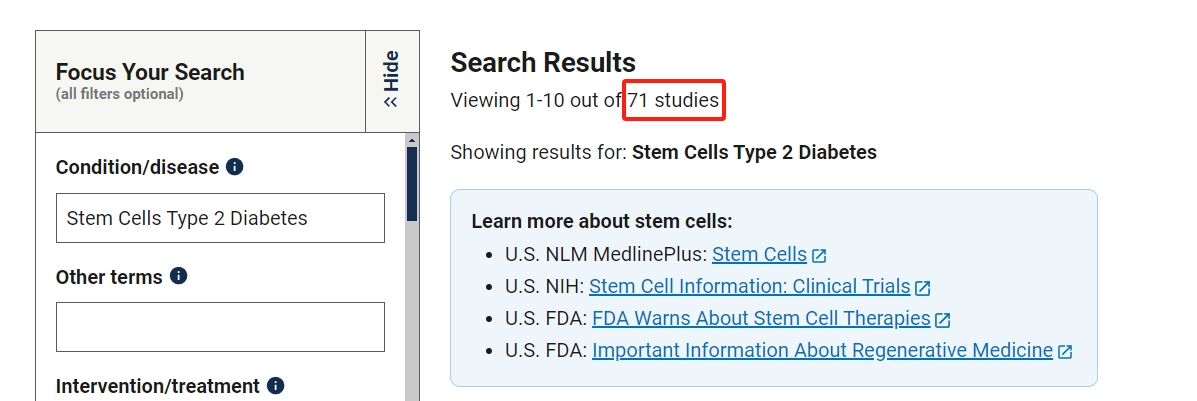 關干細胞治療2型糖尿病的臨床研究項目有71項。其中已完成的有39項。