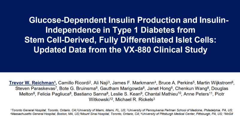 1 型糖尿病患者中來自干細胞衍生的完全分化胰島細胞的葡萄糖依賴性胰島素生成和胰島素非依賴性：VX-880 臨床研究的最新數(shù)據(jù)