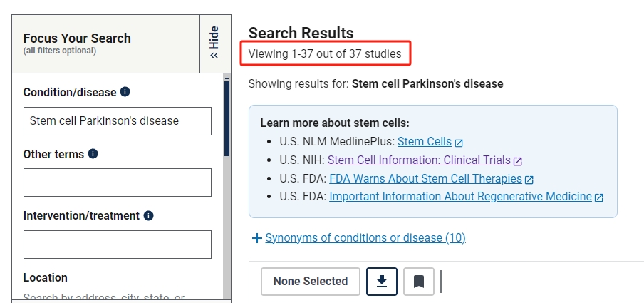 干細胞治療帕金森病的臨床研究項目有37項。