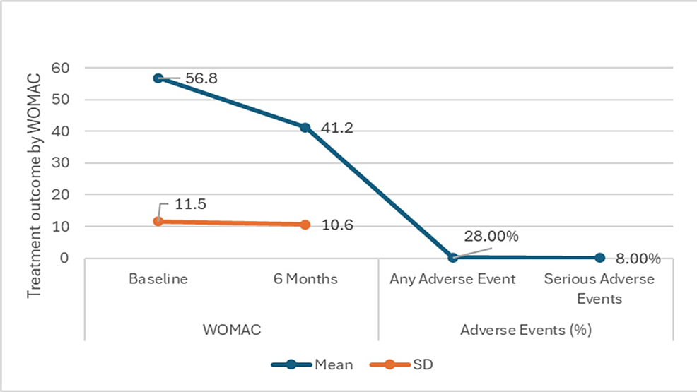 圖4:西安大略大學(xué)和麥克馬斯特大學(xué)關(guān)節(jié)炎指數(shù) (WOMAC) 六個(gè)月隨訪的治療結(jié)果 圖4:西安大略大學(xué)和麥克馬斯特大學(xué)關(guān)節(jié)炎指數(shù) (WOMAC) 六個(gè)月隨訪的治療結(jié)果