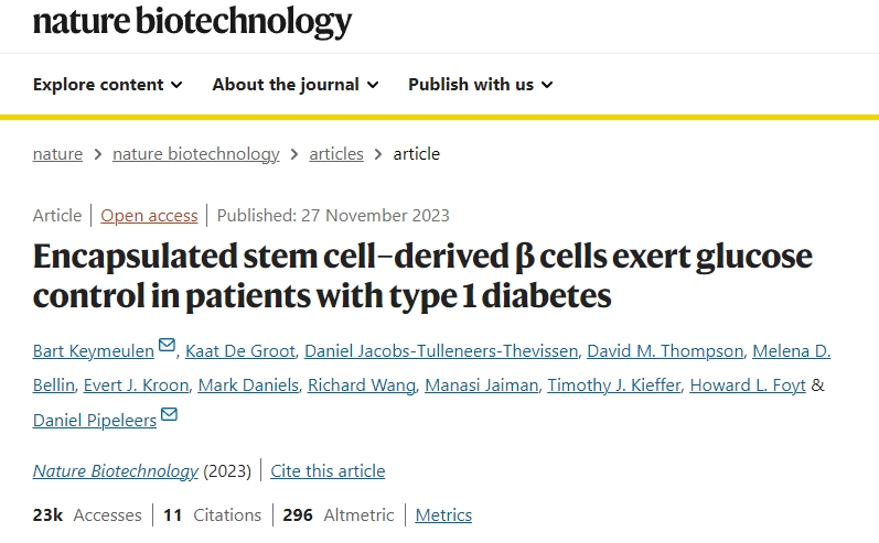 封裝干細胞衍生的 β 細胞對 1 型糖尿病患者發揮血糖控制作用
