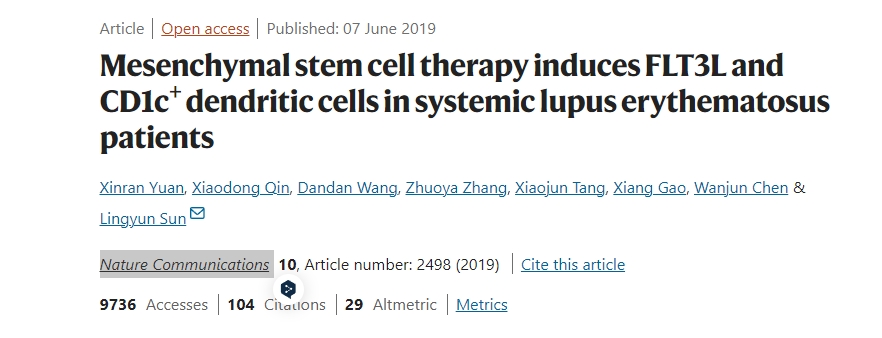 間充質干細胞療法誘導全身性紅斑狼瘡患者的FLT3L和CD1C+樹突狀細胞