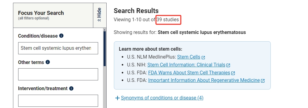 干細胞治療系統性紅斑狼瘡臨床研究項目有39項。其中國內發布的占據8項。