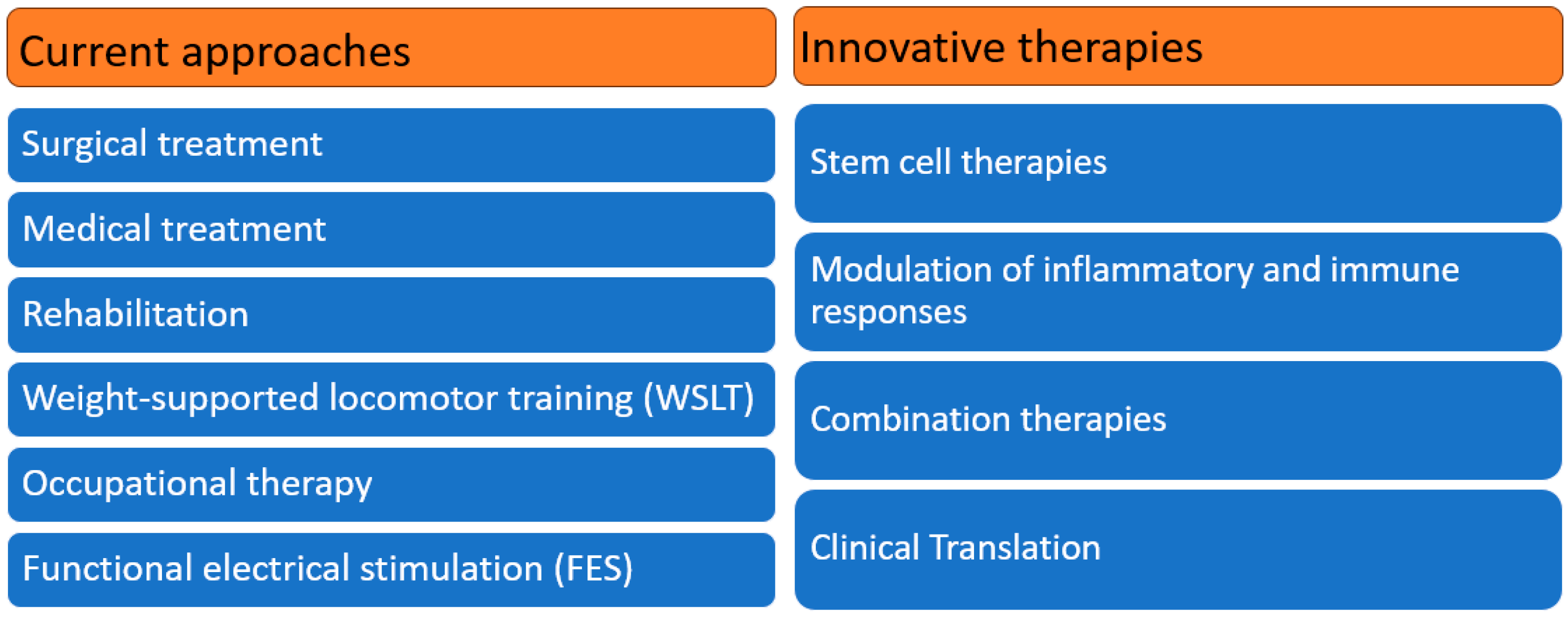 圖1：中樞神經系統損傷的現行方法和創新療法的治療策略。