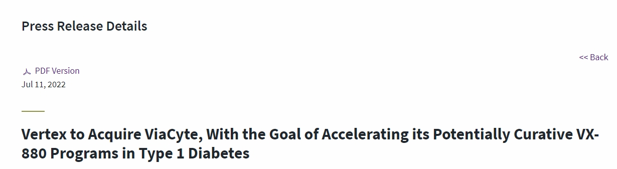 Vertex 收購 ViaCyte，旨在加速其在 1 型糖尿病領域具有潛在治愈作用的 VX-880 項目