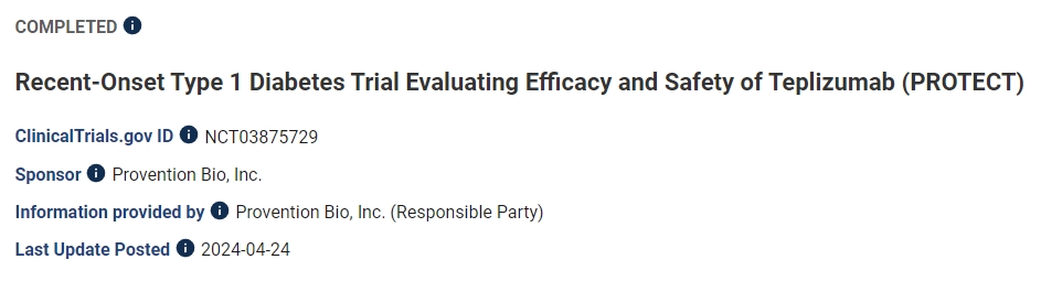 針對(duì)近期發(fā)病的 1 型糖尿病患者的試驗(yàn)，評(píng)估 Teplizumab 的療效和安全性 (PROTECT)