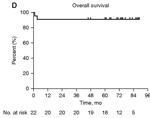 中位隨訪時(shí)間72（60，80）個(gè)月，5年總生存率為91%
