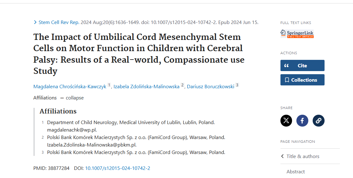 《臍帶間充質干細胞對腦癱兒童運動功能的影響：真實世界、同情使用研究的結果》