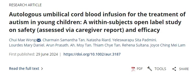 自體臍帶血輸注治療幼兒自閉癥：一項關于安全性（通過護理人員報告評估）和有效性的受試者內開放標簽研究