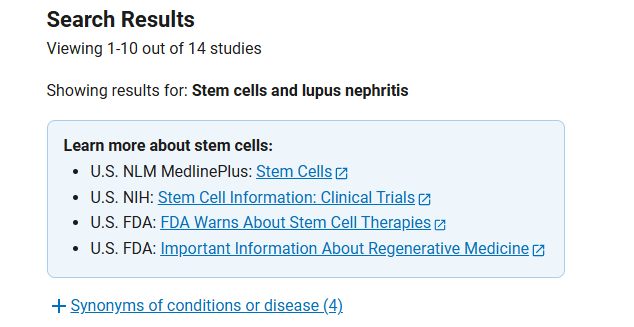 clinicaltrials.gov網站上注冊的有關干細胞治療狼瘡性腎炎的臨床研究項目有14項 