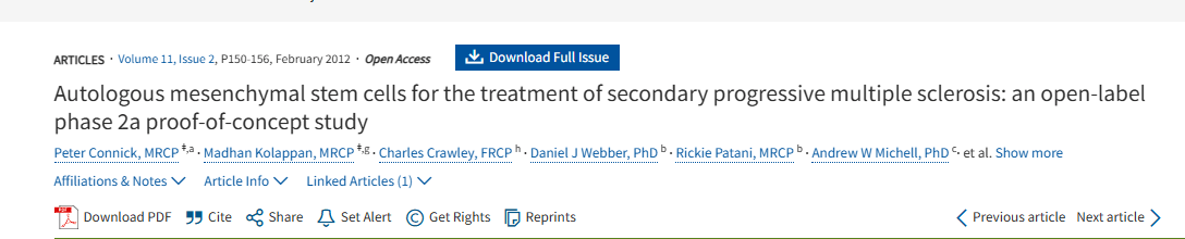 自體間充質干細胞治療繼發性進行性多發性硬化癥：一項開放標簽 2a 期概念驗證研究