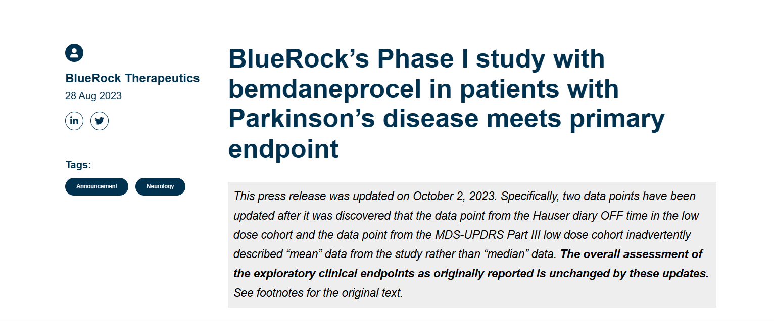 馬薩諸塞州劍橋的生物技術公司 BlueRock Therapeutics 開展，試驗為參與者提供了源自人類 ES 細胞的 A9 祖細胞