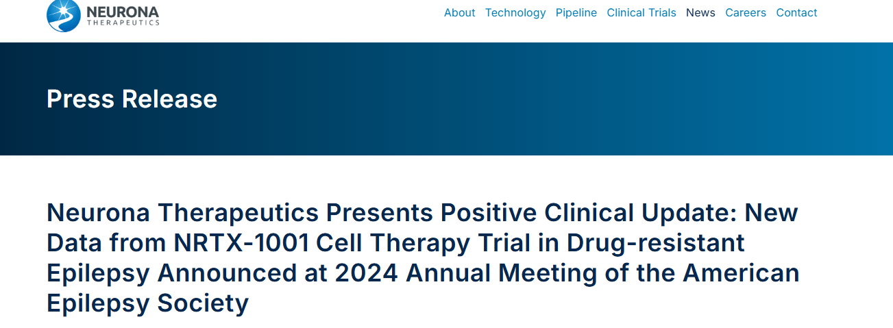 舊金山Neurona Therapeutics正在進行的多中心、開放標簽1/2 期臨床試驗中第一組（低劑量）和第二組（高劑量）的陽性臨床數據來自NRTX-1001。