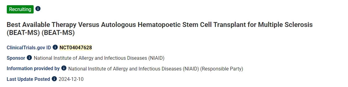 最佳可用療法與自體造血干細(xì)胞移植治療難治性復(fù)發(fā)性多發(fā)性硬化癥的多中心隨機(jī)對照試驗(yàn) (ITN077AI)