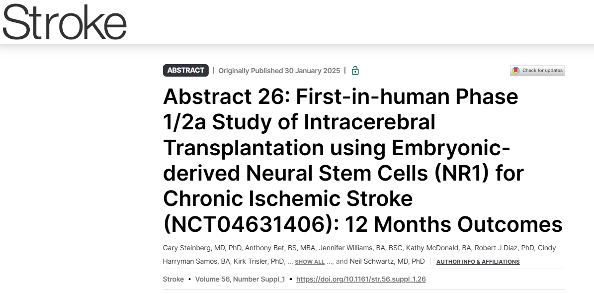 首次使用胚胎源性神經(jīng)干細胞 (NR1) 進行腦內(nèi)移植治療慢性缺血性中風的人體 1/2a 期研究 (NCT04631406)：12 個月結(jié)果