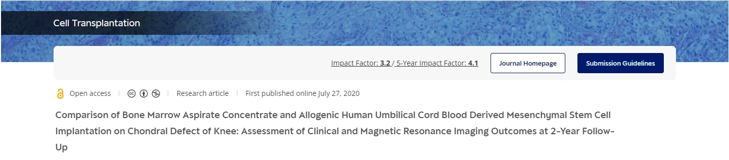 骨髓抽吸濃縮物和同種異體人臍帶血間充質(zhì)干細胞移植治療膝關節(jié)軟骨缺損的比較：2年隨訪臨床和磁共振成像結果評估