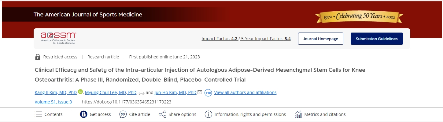 關節內注射自體脂肪間充質干細胞治療膝關節骨關節炎的臨床療效和安全性：一項III期、隨機、雙盲、安慰劑對照試驗