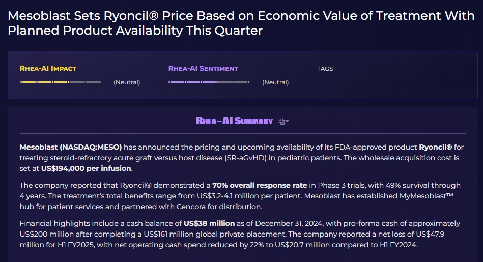 Mesoblast根據治療的經濟價值確定Ryoncil?價格，預計本季度產品上市