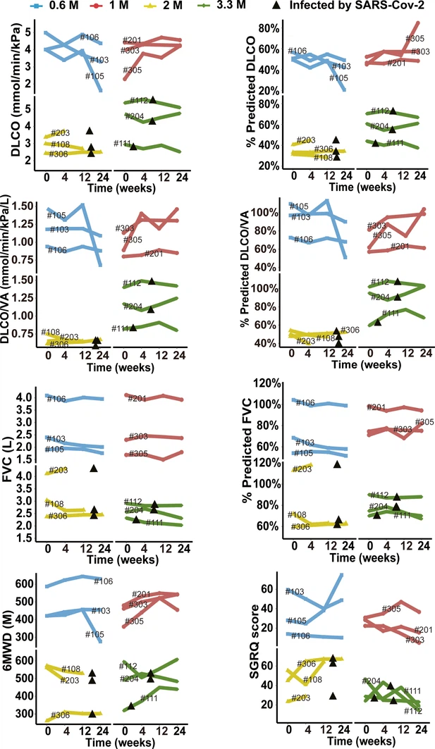 圖3-圖補(bǔ)充1：細(xì)胞治療后不同時間點(diǎn)預(yù)測DLCO%、DLCO、預(yù)測DLCO/VA%、DLCO/VA、預(yù)測FVC%、FVC、6MWD及SGRQ評分的變化。