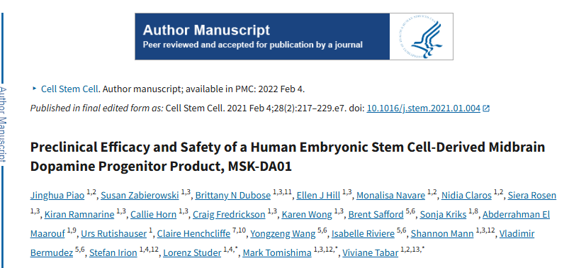 人類胚胎干細胞衍生的中腦多巴胺祖細胞產品 MSK-DA01 的臨床前療效和安全性