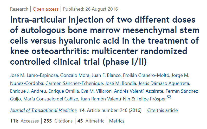 關節腔內注射兩種不同劑量自體骨髓間充質干細胞與透明質酸治療膝骨關節炎的多中心隨機對照臨床試驗（I/II期）