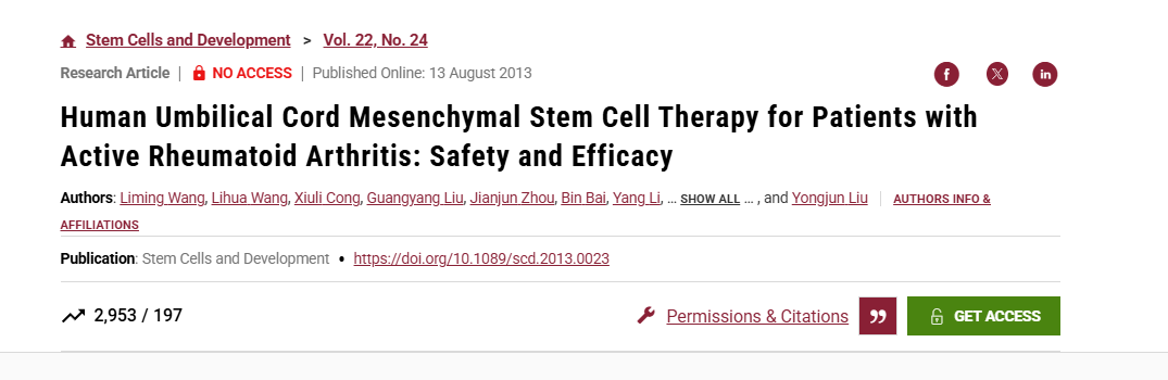 人臍帶間充質(zhì)干細(xì)胞治療活動(dòng)性類(lèi)風(fēng)濕關(guān)節(jié)炎：安全性和有效性
