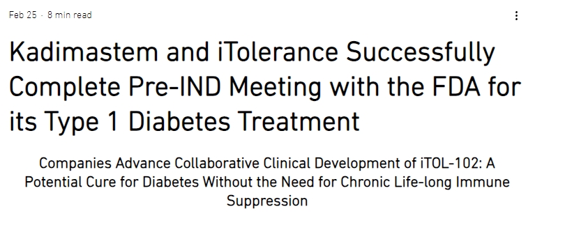 Kadimastem 和 iTolerance 成功完成與 FDA 的 1 型糖尿病治療藥物 IND 前會(huì)議