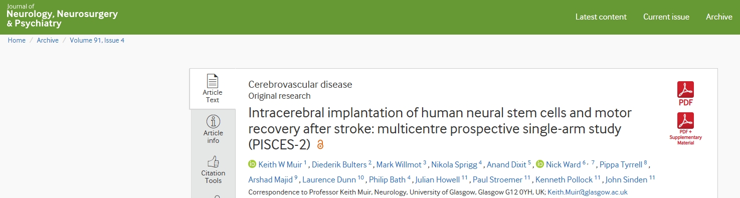 人類神經干細胞腦內植入與中風后運動恢復：多中心前瞻性單臂研究（PISCES-2）