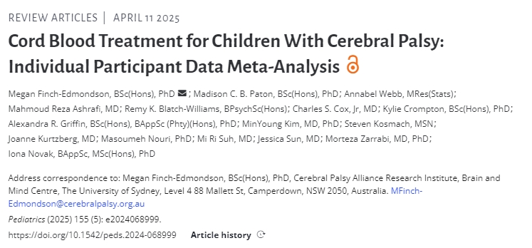 腦癱兒童臍帶血治療：個體參與者數據薈萃分析