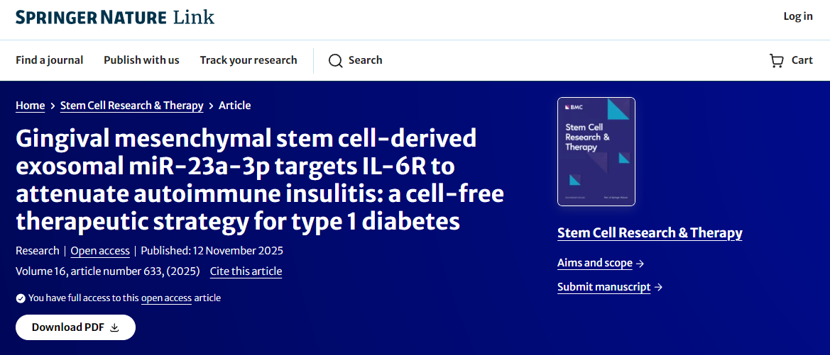 牙齦間充質(zhì)干細(xì)胞來(lái)源的外泌體miR-23a-3p靶向IL-6R以減輕自身免疫性胰島炎：一種治療1型糖尿病的無(wú)細(xì)胞療法