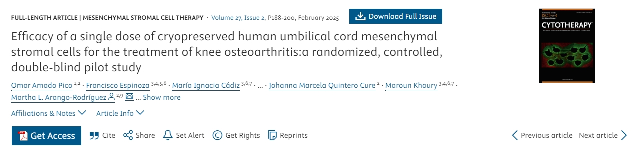 單劑量冷凍保存人臍帶間充質(zhì)基質(zhì)細胞治療膝骨關(guān)節(jié)炎的療效：一項隨機、對照、雙盲先導研究