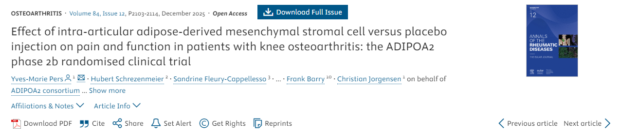 關(guān)節(jié)內(nèi)注射脂肪來源間充質(zhì)干細胞與安慰劑對膝骨關(guān)節(jié)炎患者疼痛和功能的影響：ADIPOA2 2b期隨機臨床試驗