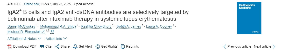 利妥昔單抗治療系統性紅斑狼瘡后，貝利木單抗可選擇性靶向IgA2 + B 細胞和 IgA2 抗 dsDNA 抗體