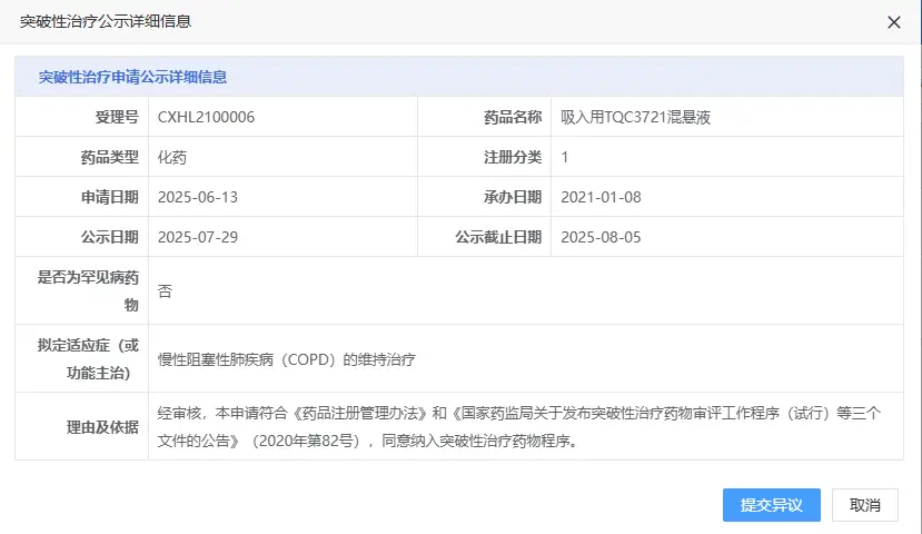 正大天晴吸入用TQC3721混懸液擬納入突破性治療品種