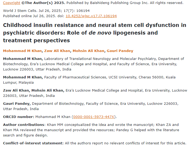 兒童胰島素抵抗和神經干細胞功能障礙在精神疾病中的作用：從頭脂肪生成和治療前景