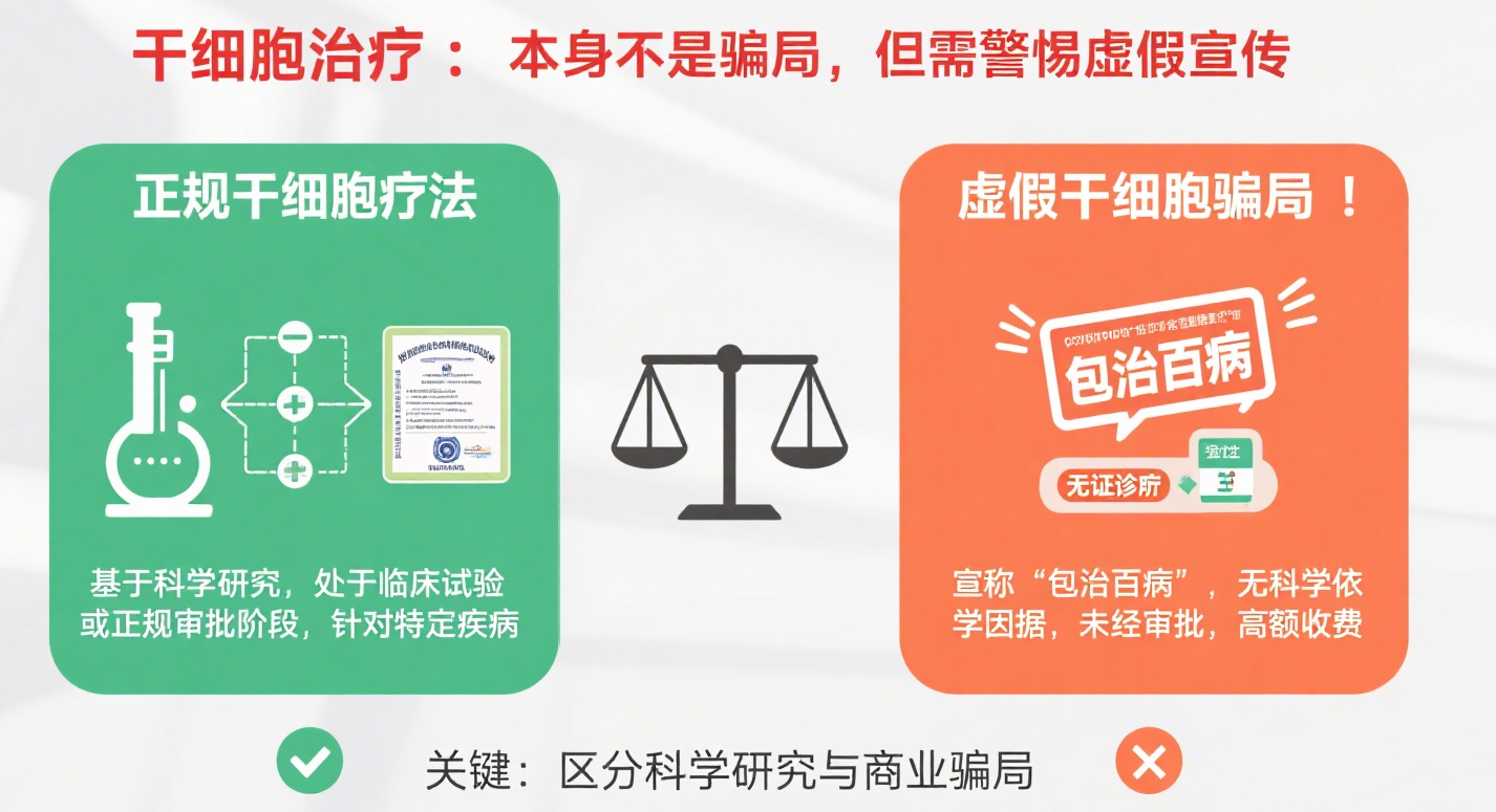 干細(xì)胞療法本身不是騙局，但市面上很多打著干細(xì)胞旗號的治療可能是騙局。